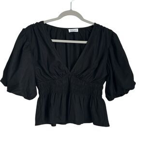 Vestique Puff-Sleeve Smocked Waist Cropped Linen Blend V neck Top Black Size M